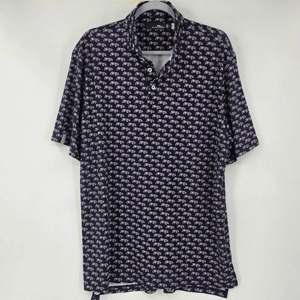 RLX Ralph Lauren Polo Shirt Blue Classic Car AOP Print Golf Performance Men's L